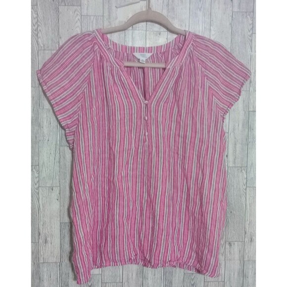 TIME AND TRU Linen Blend Striped Popover Shirt Top Short Sleeve XL (16/18) - Picture 1 of 5